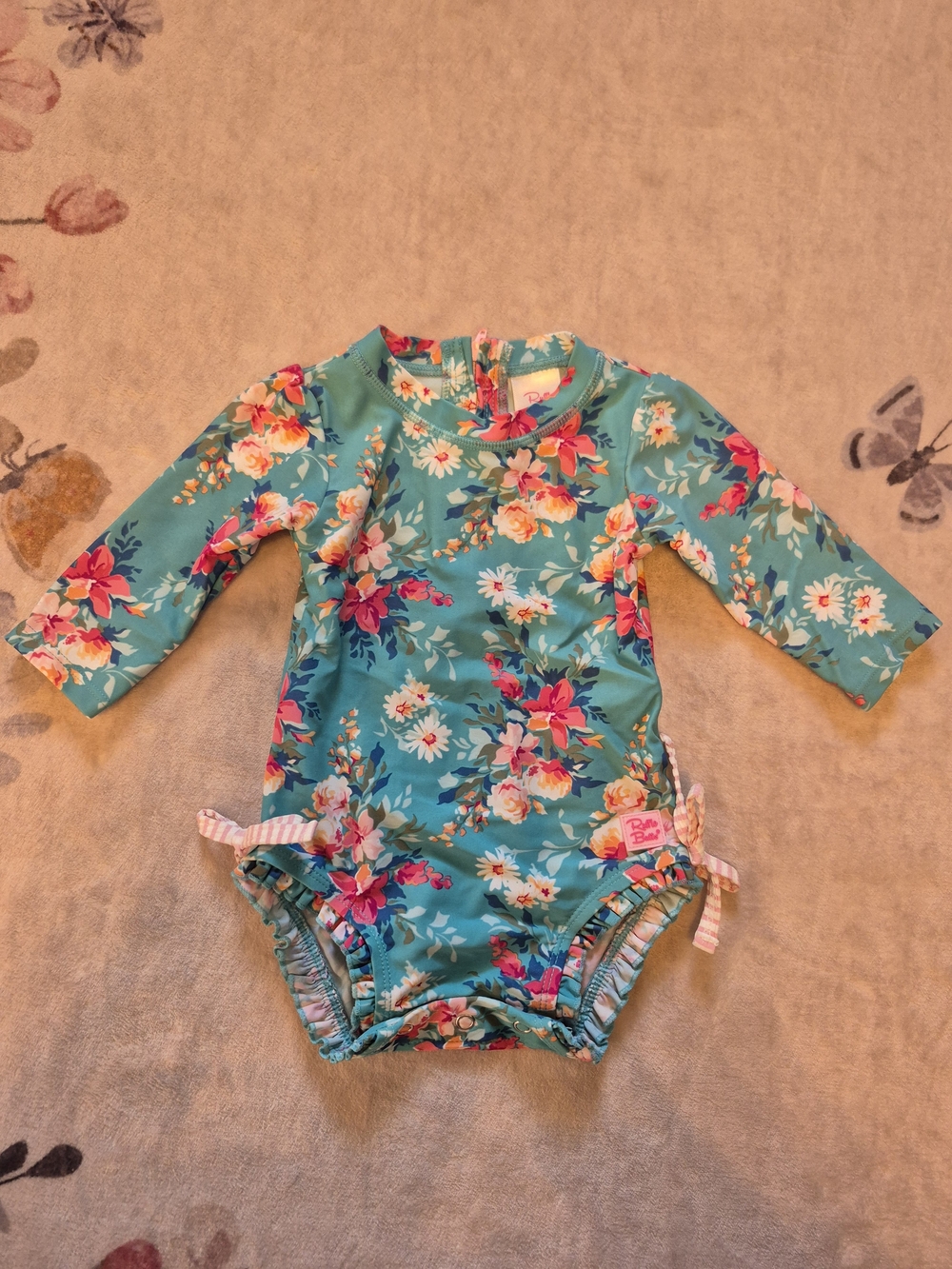 Ruffle Butts Teal Floral Long-Sleeve Rash Guard Baby Swim One-Piece